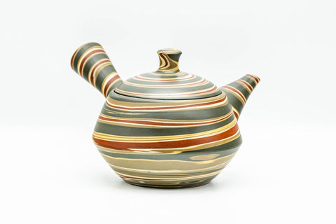 Japanese Kyusu - Green, Red, and Yellow Swirling Nerikomi Tokoname-yaki Do-ake Teapot - 240ml - side view from the spout side