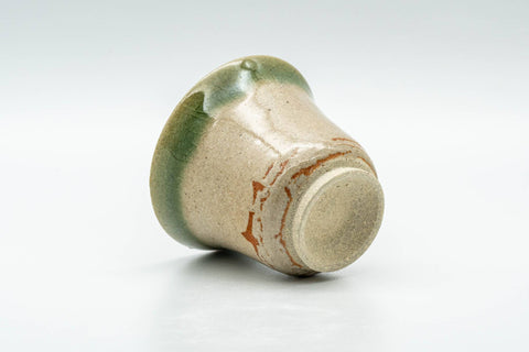Japanese Teacups - Set of 5 Beige Green Glazed Guinomi - 40ml - angled view showing the green-glazed rim