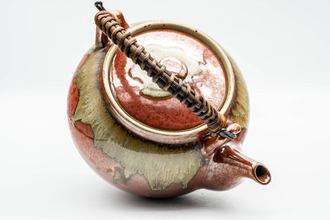 Japanese Tea Set - Red Drip-Glazed Agano-yaki Dobin Teapot and 4 Yunomi Teacups - top-down view of teapot lid and handle