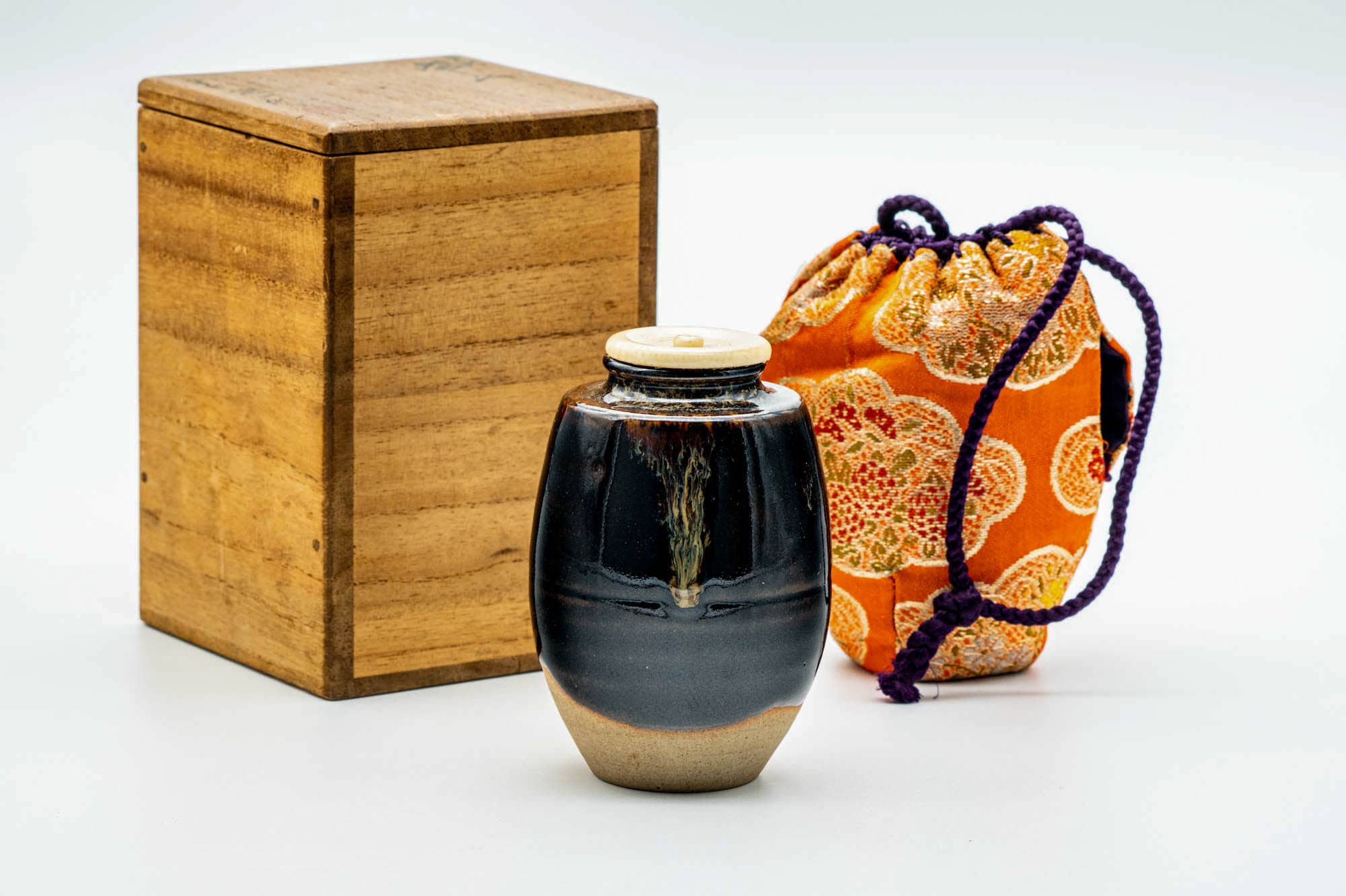 Japanese Chaire - 桶谷定一 Teiichi Oketani - Black Drip-Glazed Katatsuki Kyo-yaki Tea Canister with Shifuku