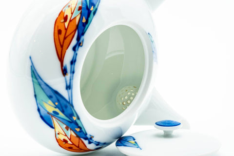 Japanese Kyusu - Blue Orange Leaves Arita-yaki Porcelain Teapot - 350ml