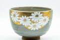 Japanese Matcha Bowl - White Floral Gold Green Glazed Wan-nari Chawan - 350ml - front view of the floral decoration