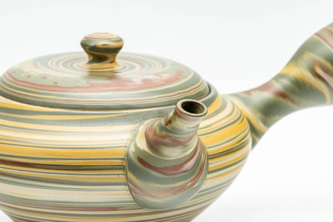 Japanese Kyusu - Green, Red, and Yellow Marbled Nerikomi Tokoname-yaki Debeso Teapot - 230ml