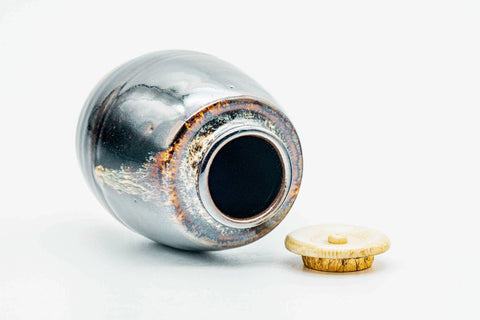 Japanese Chaire - 桶谷定一 Teiichi Oketani - Black Drip-Glazed Katatsuki Kyo-yaki Tea Canister with Shifuku