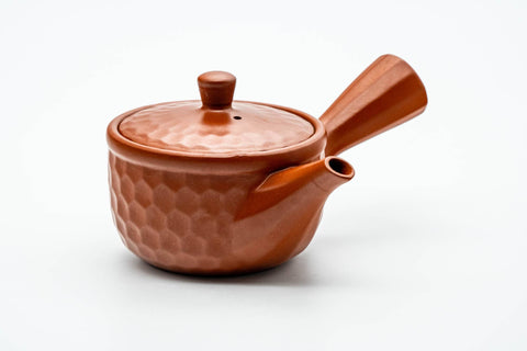 Japanese Kyusu - Scaled Tokoname-yaki Mesh Teapot - 240ml - three-quarter front view of the scaled body with the side handle