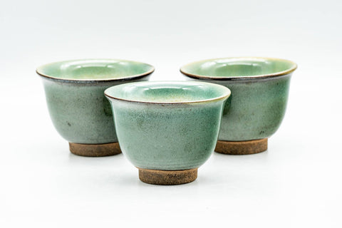 Japanese Teacups - Set of 3 Green Beige Inner-Glazed Agano-yaki Yunomi - 80ml