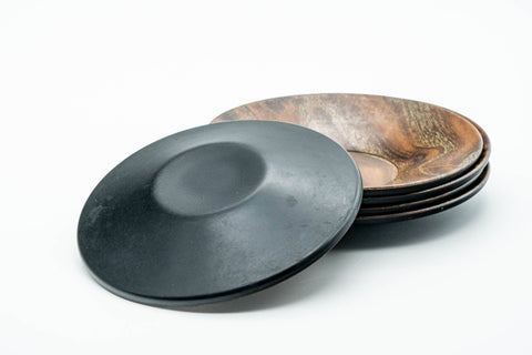 Japanese Chataku - Set of 5 Woodgrain Black Lacquered Tea Saucers