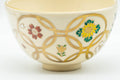 Japanese Matcha Bowl - Floral Geometric Gold Kyo-yaki Chawan - 300ml - wide front view of the decorated bowl