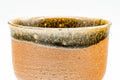 Close-up of the rim showing the brown ash glaze pooling and dripping over the orange body.