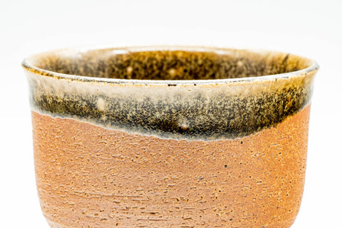 Close-up of the rim showing the brown ash glaze pooling and dripping over the orange body.