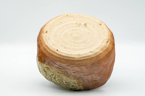 Japanese Matcha Bowl - Green Orange Glazed Flat-Base Wabi-Sabi Chawan - 250ml - tilted view showing the flat base and footring