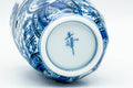 Japanese Teacup - Blue Floral Geometric Arita-yaki Yunomi - 155ml - tilted view showing base and maker's mark