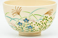 Japanese Matcha Bowl - Akatsuki Kiln - Beige Floral Kyo-yaki Chawan in Wooden Box - 300ml - three-quarter view highlighting the painted flowers on the body