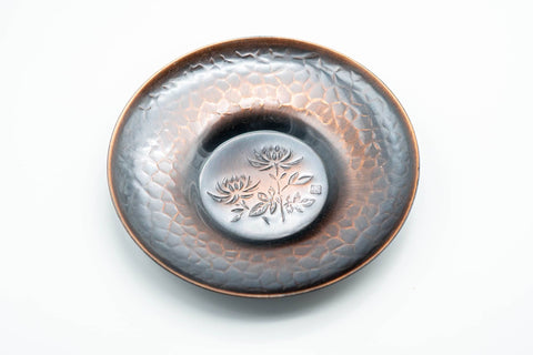 Japanese Chataku - Set of 5 Hammered Copper Uniquely Engraved Tea Saucers with 3 Chasaji Tea Scoops in Wooden Box