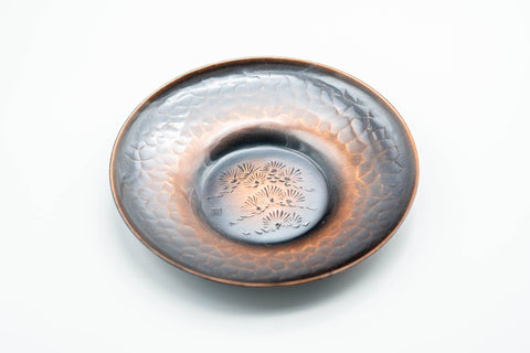 Japanese Chataku - Set of 5 Hammered Copper Uniquely Engraved Tea Saucers with 3 Chasaji Tea Scoops in Wooden Box