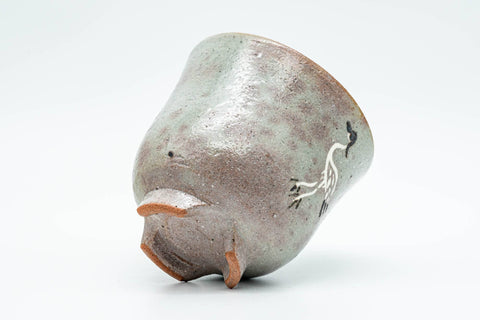 Japanese Matcha Bowl - Standing Crane Grey Pink Gohonte Glazed Winter Chawan with Tomobako Wooden Box - 450ml - tilted view of the speckled glaze