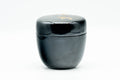 Japanese Natsume - Gold Floral Black Lacquer Matcha Tea Caddy - 80ml - closed caddy in side profile, glossy black lacquer