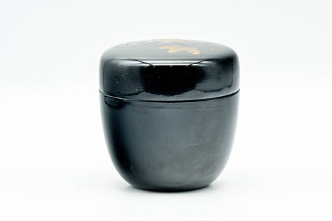 Japanese Natsume - Gold Floral Black Lacquer Matcha Tea Caddy - 80ml - closed caddy in side profile, glossy black lacquer