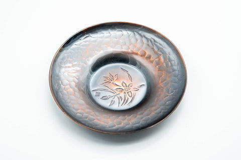 Japanese Chataku - Set of 5 Hammered Copper Uniquely Engraved Tea Saucers with 3 Chasaji Tea Scoops in Wooden Box