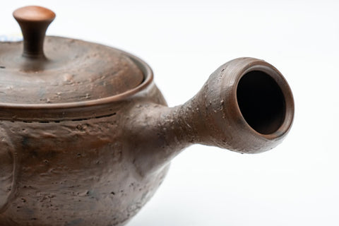 Three-quarter view showing the spout and the rough-textured brown clay.