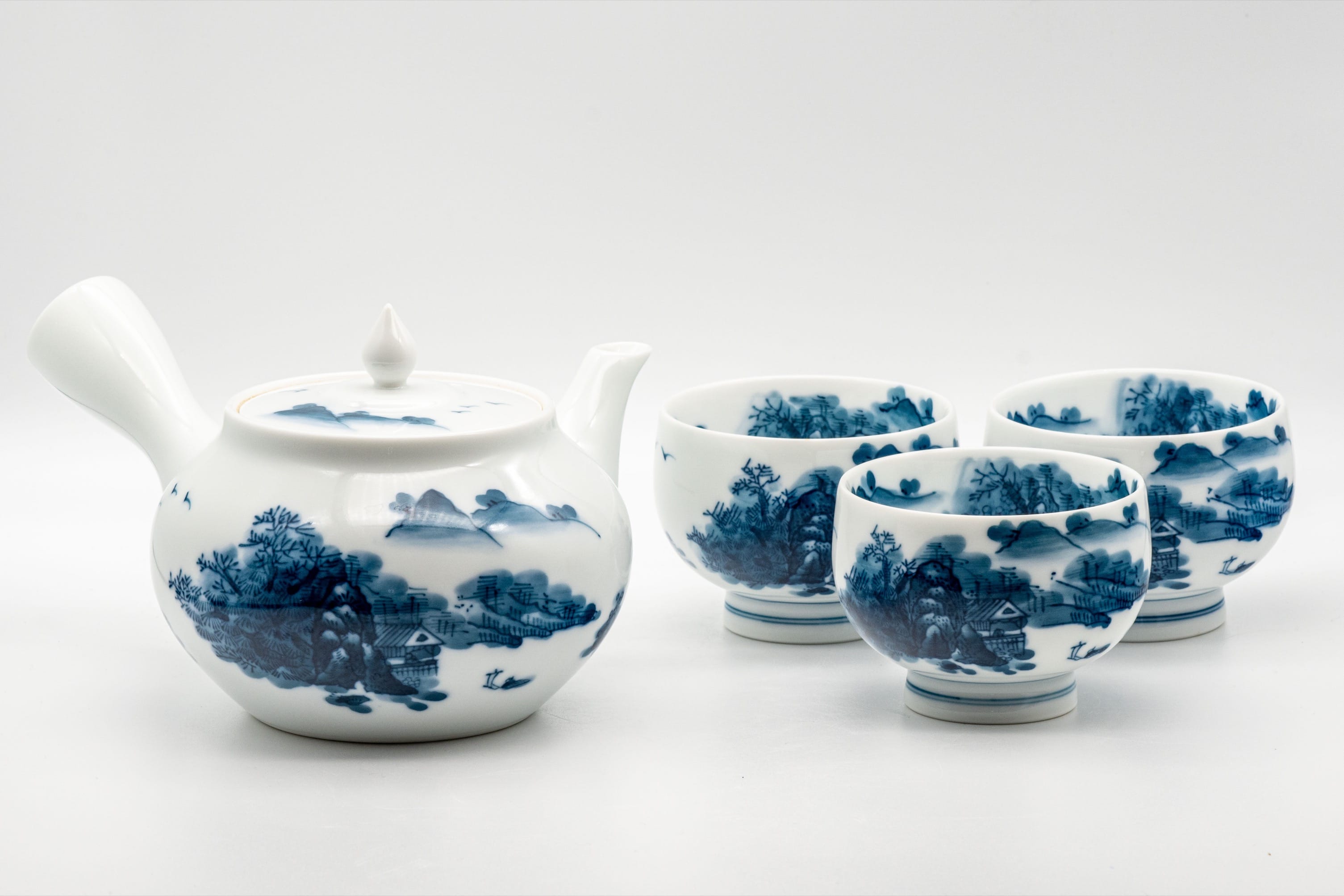 Japanese Tea Set - 畑萬陶苑 Arita-yaki Porcelain Debeso Kyusu with 3 Wan-nari Yunomi - 420ml