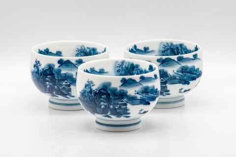 Japanese Tea Set - Hataman Toen Arita-yaki Porcelain Debeso Kyusu with 3 Wan-nari Yunomi - 420ml - full set arranged with the teapot and three teacups