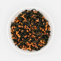 Kumamoto Kamairicha Genmaicha tea, which includes green tea leaves and roasted rice grains.