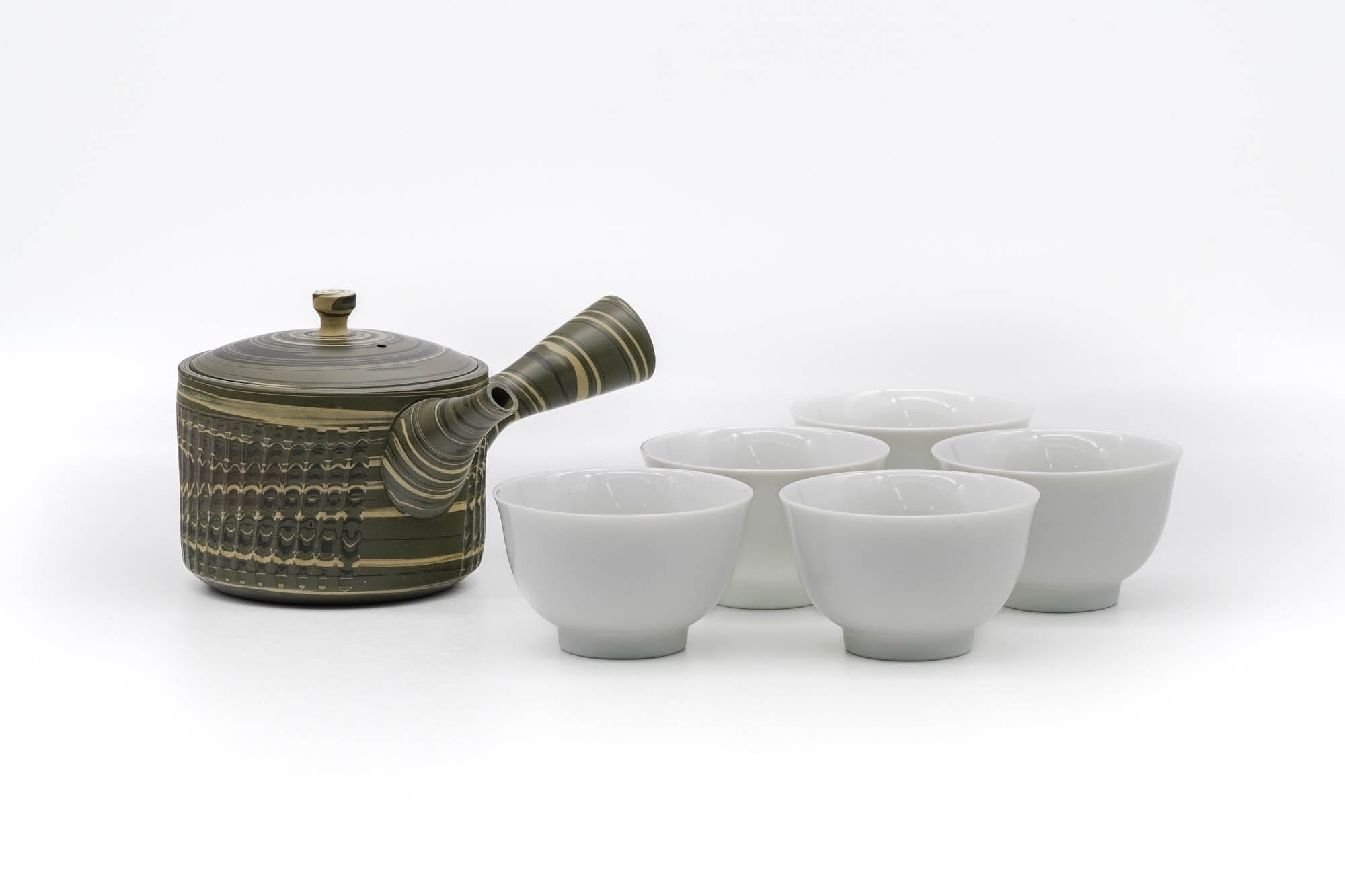 Japanese Tea Set - 陶仙窯 Tosen Kiln - Nerikomi Tokoname-yaki Teapot with 5 Porcelain Teacups