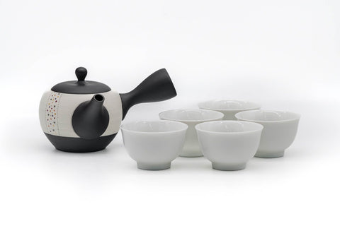Tea Set - Black White Pearlescent Tokoname Teapot with 5 Porcelain Teacups