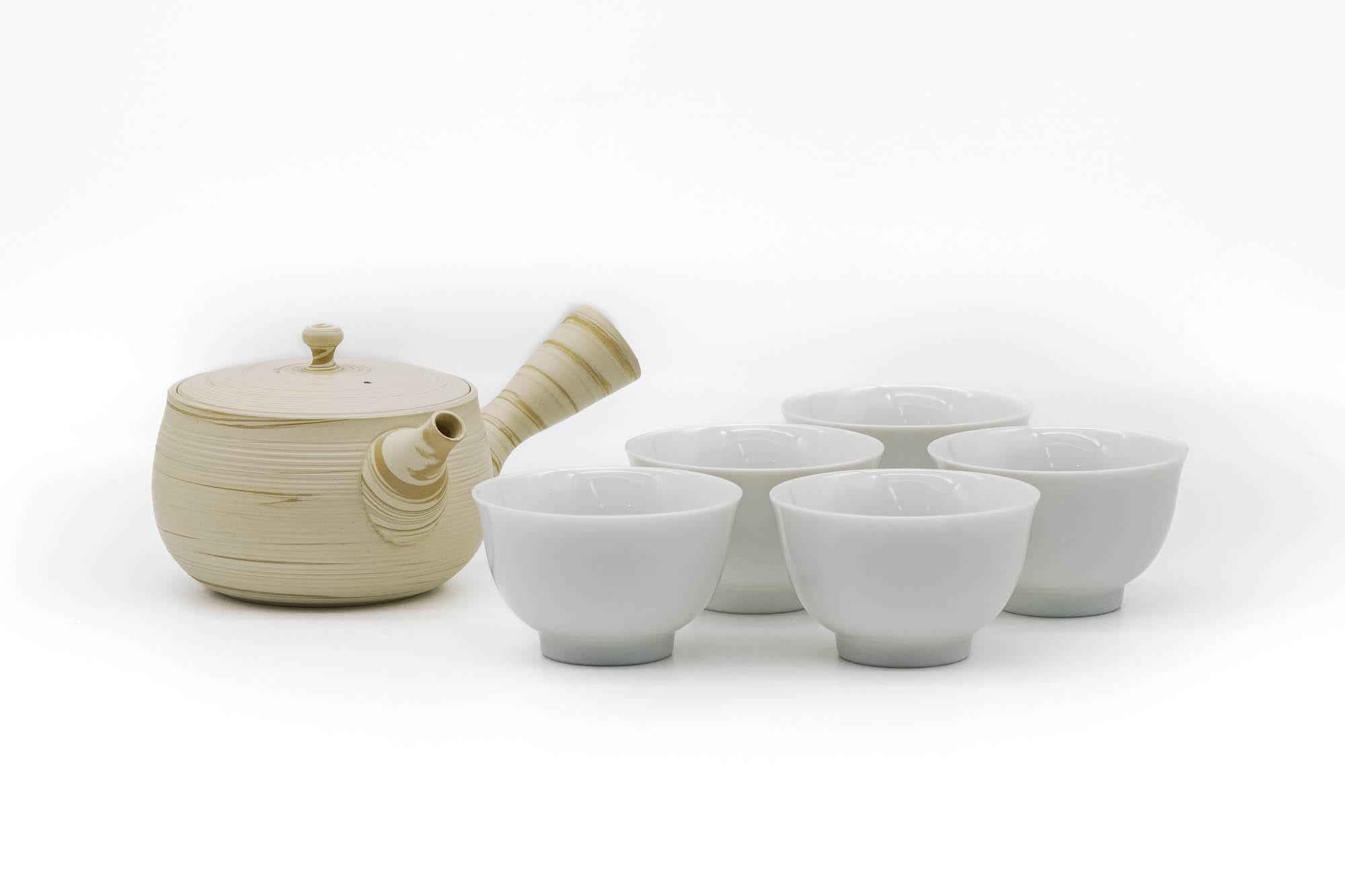 Japanese Tea Set - 陶仙窯 Tosen Kiln - Yellow Nerikomi Tokoname-yaki Teapot with 5 Porcelain Teacups