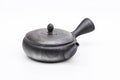 Mogake Seaweed Yōhen flat Tokoname teapot, front three-quarter view with the spout to the left and the knobbed lid in place