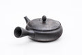 Mogake Seaweed Yōhen flat Tokoname teapot, side profile with the short spout to the left and the side handle to the right