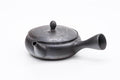 Mogake Seaweed Yōhen flat Tokoname teapot, side view showing the low flat dark body with the spout to the left