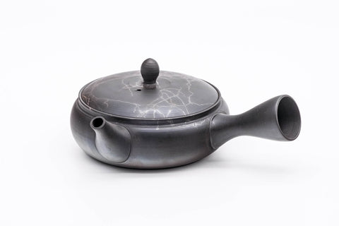 Mogake Seaweed Yōhen flat Tokoname teapot, side view showing the low flat dark body with the spout to the left