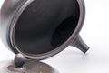 Mogake Seaweed Yōhen flat Tokoname teapot, interior view with the lid removed showing the dark clay inside and rim - closeup