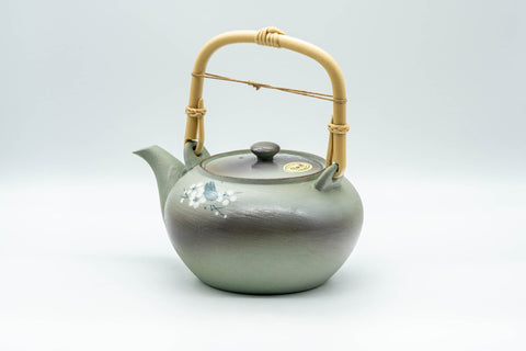Japanese Tea Set - Green Arita-yaki Debeso Dobin Teapot with 2 Lidded Yunomi Teacups - front view of the dobin teapot with its bamboo top handle