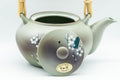Japanese Tea Set - Green Arita-yaki Debeso Dobin Teapot with 2 Lidded Yunomi Teacups - top-down view of the teapot with its lid