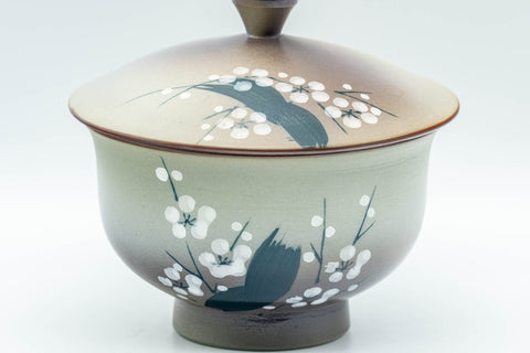 Japanese Tea Set - Green Arita-yaki Debeso Dobin Teapot with 2 Lidded Yunomi Teacups - front view of a single lidded yunomi teacup