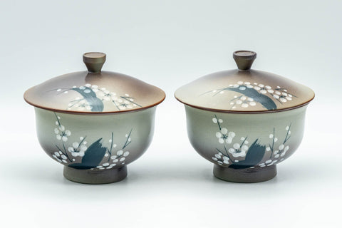 Japanese Tea Set - Green Arita-yaki Debeso Dobin Teapot with 2 Lidded Yunomi Teacups - the two matching lidded yunomi teacups