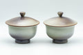 Japanese Tea Set - Green Arita-yaki Debeso Dobin Teapot with 2 Lidded Yunomi Teacups - front view of the pair of lidded teacups