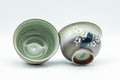 Japanese Tea Set - Green Arita-yaki Debeso Dobin Teapot with 2 Lidded Yunomi Teacups - a lidded yunomi with its lid removed showing the interior