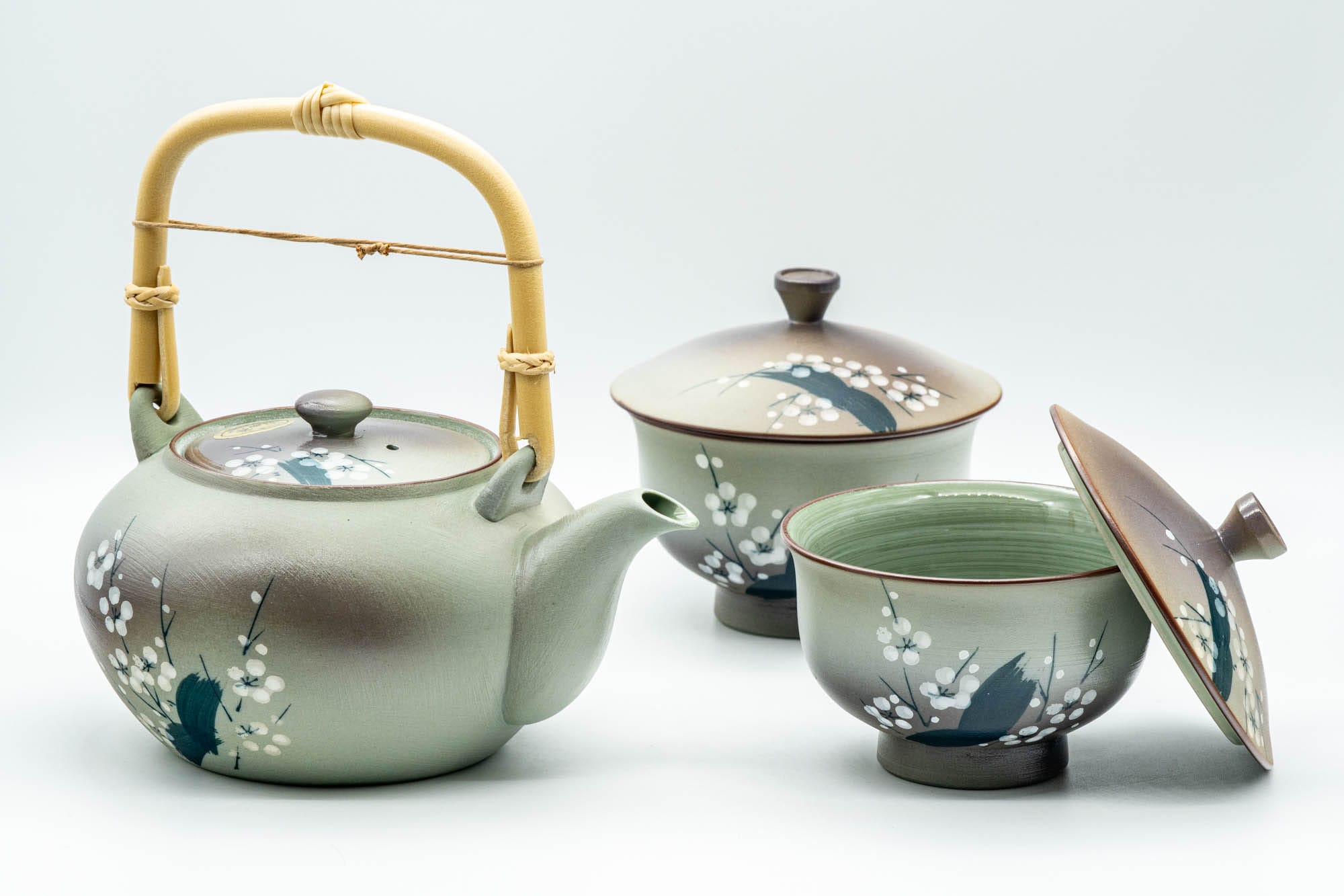 Japanese Tea Set - Green Arita-yaki Debeso Dobin Teapot with 2 Lidded Yunomi Teacups