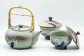 Japanese Tea Set - Green Arita-yaki Debeso Dobin Teapot with 2 Lidded Yunomi Teacups - full tea set showing the green dobin teapot with two matching lidded cups