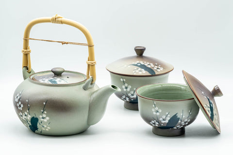 Japanese Tea Set - Green Arita-yaki Debeso Dobin Teapot with 2 Lidded Yunomi Teacups - full tea set showing the green dobin teapot with two matching lidded cups