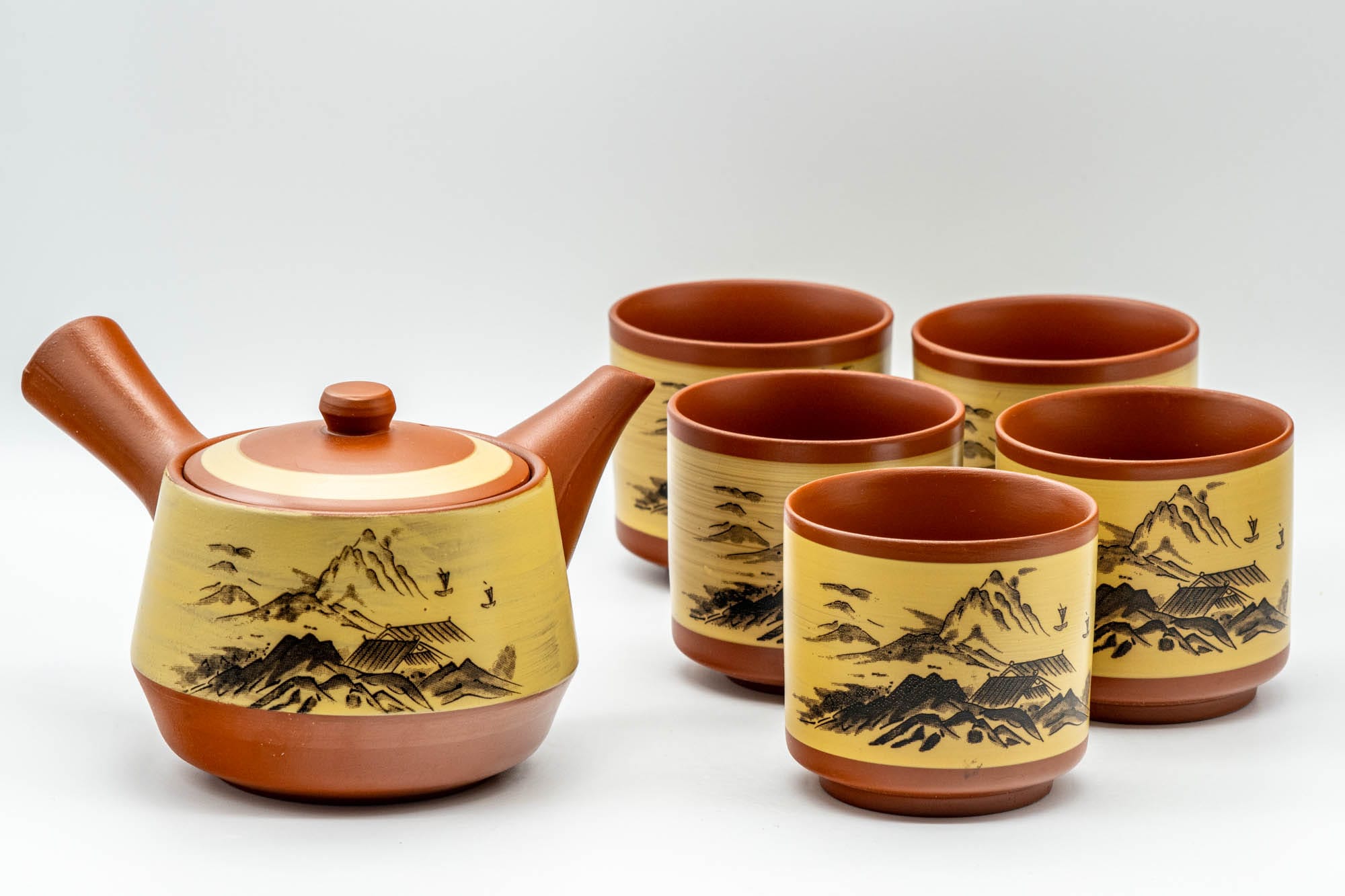Japanese Tea Set - Mountainous Tokoname-yaki Debeso Kyusu Teapot with 5 Yunomi Teacups
