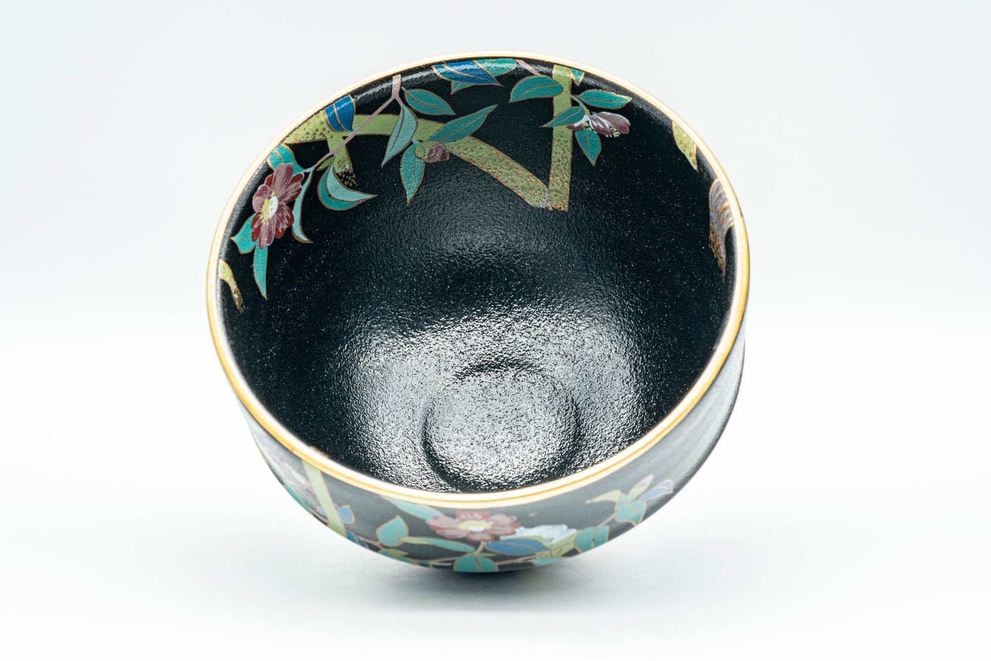Japanese Matcha Bowl - Floral Matte Black Wan-nari Chawan - 350ml