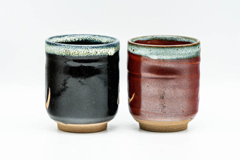 Japanese Teacups - Pair of Mom and Dad Kanji Hare's Fur Glazed Tsutsu-gata Yunomi - 200ml