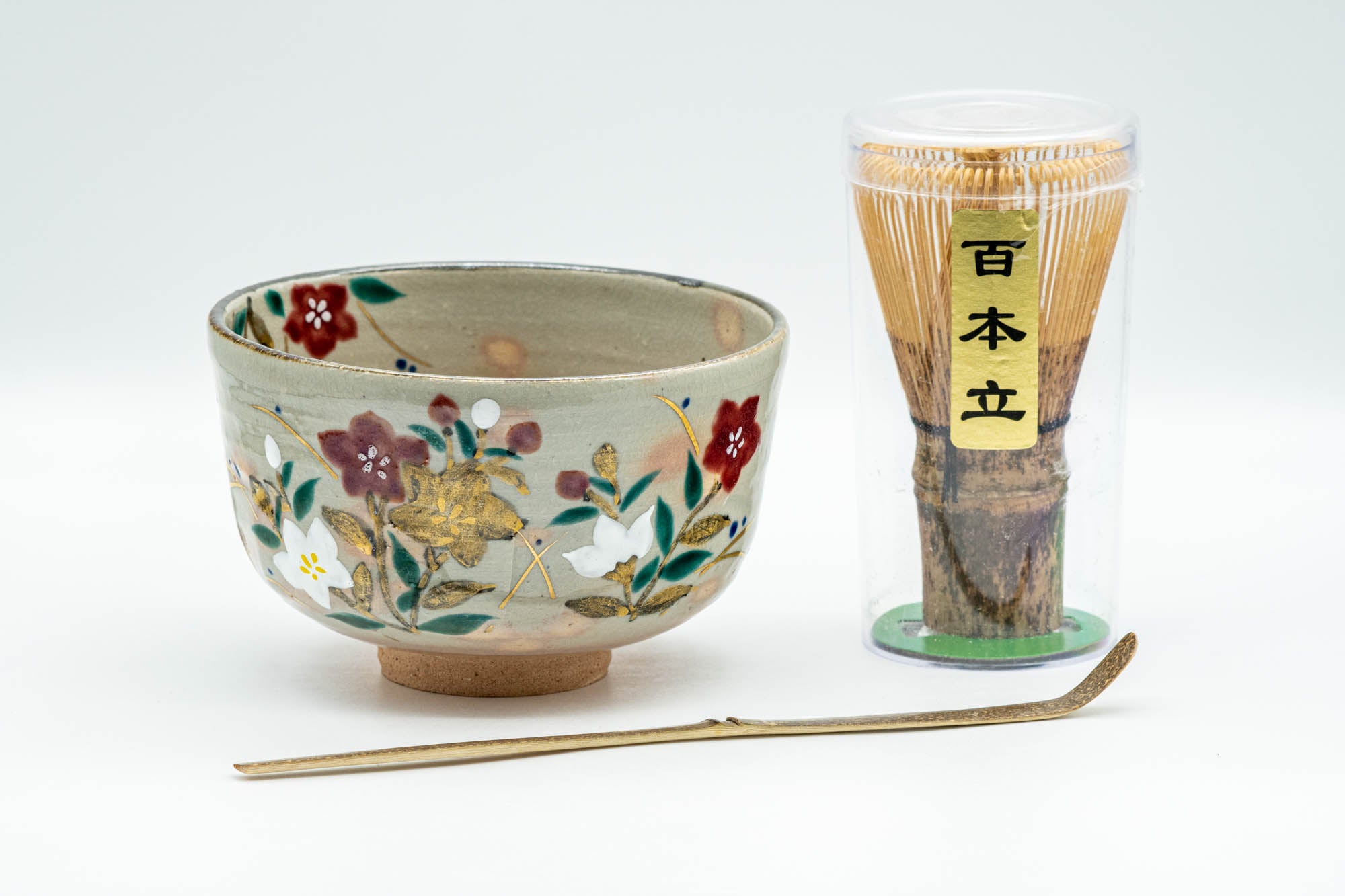 Japanese Matcha Set - 田中香泉 Tanaka Kousen Floral Kyo-yaki Chawan with Bamboo Chasen Whisk and Chashaku Scoop - 350ml