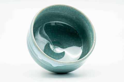 Japanese Matcha Bowl - Blue Celadon Drip-Glazed Hantsutsu-gata Chawan - 400ml - tilted to show the interior