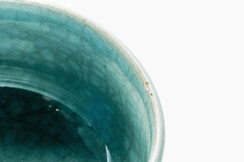 Japanese Matcha Bowl - Blue Celadon Drip-Glazed Hantsutsu-gata Chawan - 400ml - low side view
